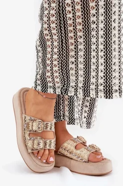 Klapki Damskie Na Platformie Z Klamrami I Plecionką Khaki Limme