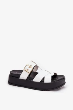 Klapki Damskie Na Platformie Z Paskami I Klamrą Białe Elimessa