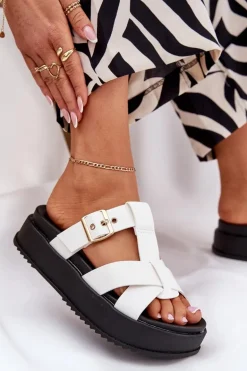 Klapki Damskie Na Platformie Z Paskami I Klamrą Białe Elimessa