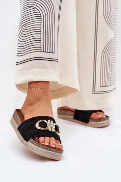 Klapki Damskie Na Platformie Z Brokatem I Złotą Ozdobą Czarne Rilirea