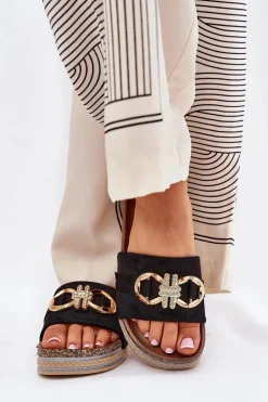 Klapki Damskie Na Platformie Z Brokatem I Złotą Ozdobą Czarne Rilirea