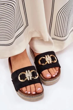 Klapki Damskie Na Platformie Z Brokatem I Złotą Ozdobą Czarne Rilirea