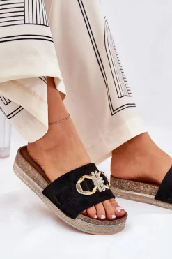 Klapki Damskie Na Platformie Z Brokatem I Złotą Ozdobą Czarne Rilirea