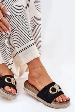 Klapki Damskie Na Platformie Z Brokatem I Złotą Ozdobą Czarne Rilirea