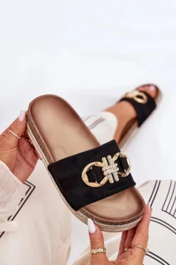 Klapki Damskie Na Platformie Z Brokatem I Złotą Ozdobą Czarne Rilirea