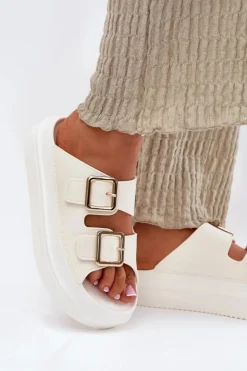 Klapki Damskie Na Platformie Ze Złotymi Klamrami Ecru Zorila