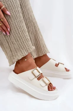 Klapki Damskie Na Platformie Ze Złotymi Klamrami Ecru Zorila