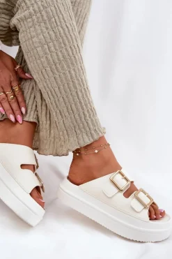 Klapki Damskie Na Platformie Ze Złotymi Klamrami Ecru Zorila