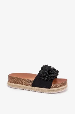 Klapki Damskie Na Platformie Z Ozdobnymi Kwiatkami Czarne Tessara