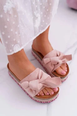 Klapki Damskie Na Platformie Z Kokardą Różowe Chantal