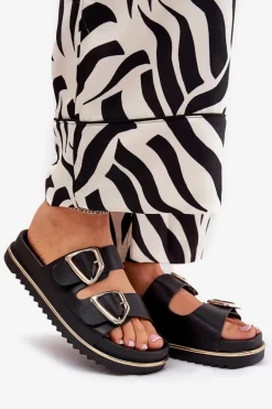 Klapki Damskie Na Platformie Ze Złotymi Klamrami Czarne Tersele