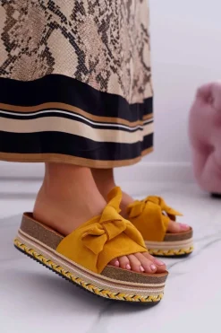 Klapki Damskie Na Platformie Z Kokardą Żółte Chantal