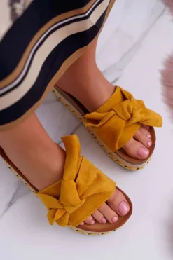 Klapki Damskie Na Platformie Z Kokardą Żółte Chantal