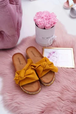 Klapki Damskie Na Platformie Z Kokardą Żółte Chantal