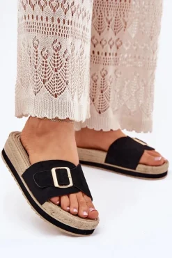 Klapki Damskie Na Platformie Ze Złotą Klamrą Czarne Selira