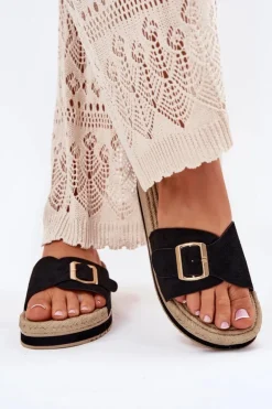 Klapki Damskie Na Platformie Ze Złotą Klamrą Czarne Selira