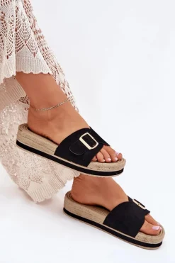 Klapki Damskie Na Platformie Ze Złotą Klamrą Czarne Selira
