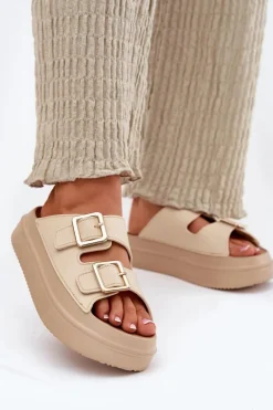 Klapki Damskie Na Platformie Ze Złotymi Klamrami Beżowe Zorila