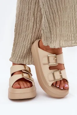 Klapki Damskie Na Platformie Ze Złotymi Klamrami Beżowe Zorila