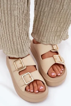 Klapki Damskie Na Platformie Ze Złotymi Klamrami Beżowe Zorila