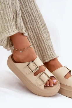 Klapki Damskie Na Platformie Ze Złotymi Klamrami Beżowe Zorila