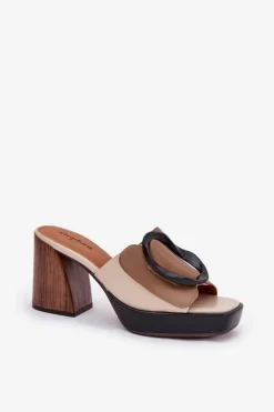 Klapki Damskie Na Słupkowym Obcasie Z Klamrą Ciemnobeżowe Amuria