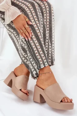 Klapki Damskie Na Słupku I Platformie Khaki Omeisa