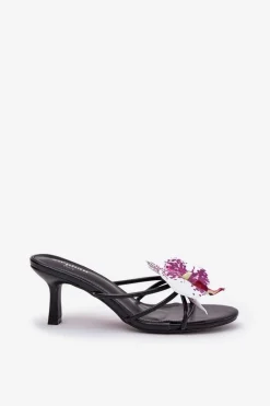 Klapki Damskie Na Szpilce Ze Sztucznym Kwiatem Czarne Reyi