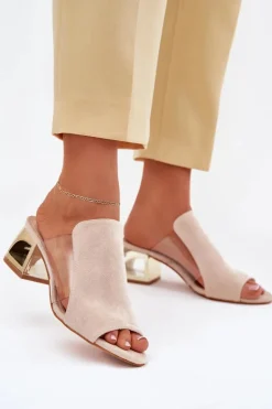 Klapki Damskie Na Złotym Słupku Jasnobeżowe Tessira