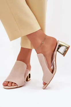 Klapki Damskie Na Złotym Słupku Jasnobeżowe Tessira