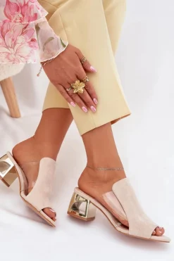 Klapki Damskie Na Złotym Słupku Jasnobeżowe Tessira