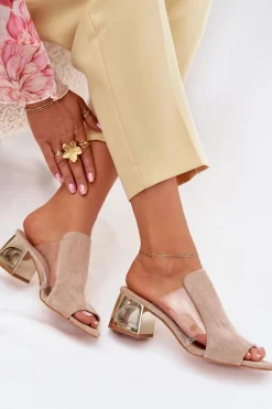 Klapki Damskie Na Złotym Słupku Beżowe Tessira