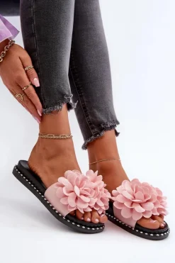 Klapki Damskie Ozdobione Kwiatami Różowe Cellanen