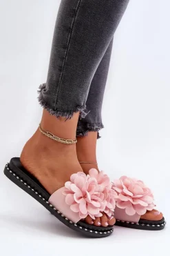 Klapki Damskie Ozdobione Kwiatami Różowe Cellanen