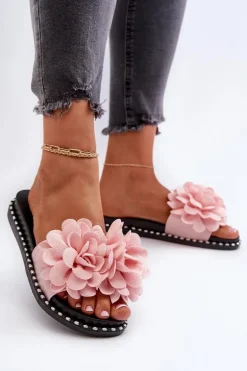 Klapki Damskie Ozdobione Kwiatami Różowe Cellanen