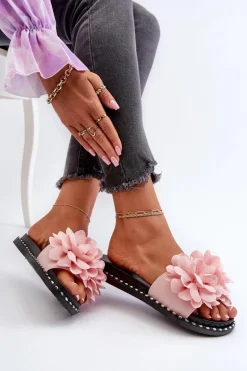 Klapki Damskie Ozdobione Kwiatami Różowe Cellanen