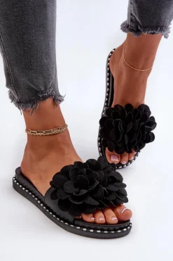 Klapki Damskie Ozdobione Kwiatami Czarne Cellanen