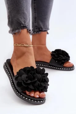Klapki Damskie Ozdobione Kwiatami Czarne Cellanen