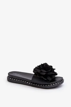 Klapki Damskie Ozdobione Kwiatami Czarne Cellanen