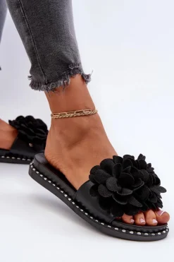 Klapki Damskie Ozdobione Kwiatami Czarne Cellanen