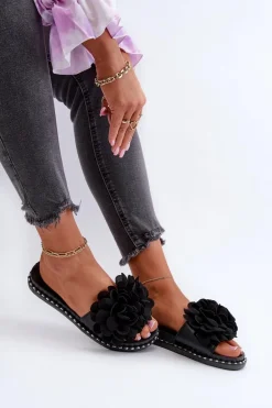 Klapki Damskie Ozdobione Kwiatami Czarne Cellanen