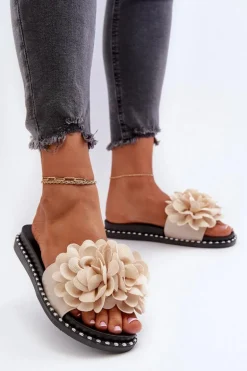 Klapki Damskie Ozdobione Kwiatami Beżowe Cellanen