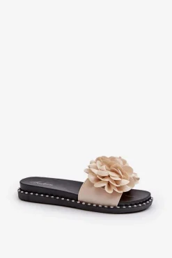 Klapki Damskie Ozdobione Kwiatami Beżowe Cellanen