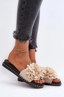 Klapki Damskie Ozdobione Kwiatami Beżowe Cellanen