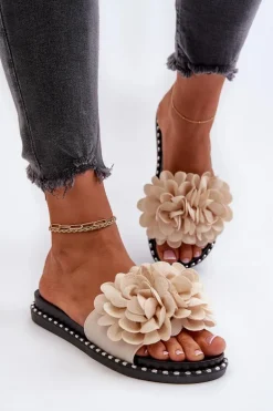 Klapki Damskie Ozdobione Kwiatami Beżowe Cellanen