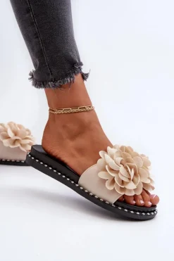 Klapki Damskie Ozdobione Kwiatami Beżowe Cellanen