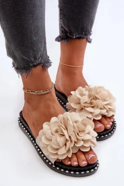 Klapki Damskie Ozdobione Kwiatami Beżowe Cellanen