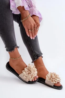 Klapki Damskie Ozdobione Kwiatami Beżowe Cellanen