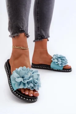 Klapki Damskie Ozdobione Kwiatami Niebieskie Cellanen