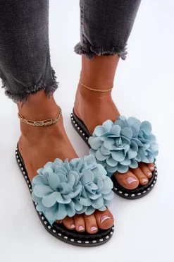 Klapki Damskie Ozdobione Kwiatami Niebieskie Cellanen